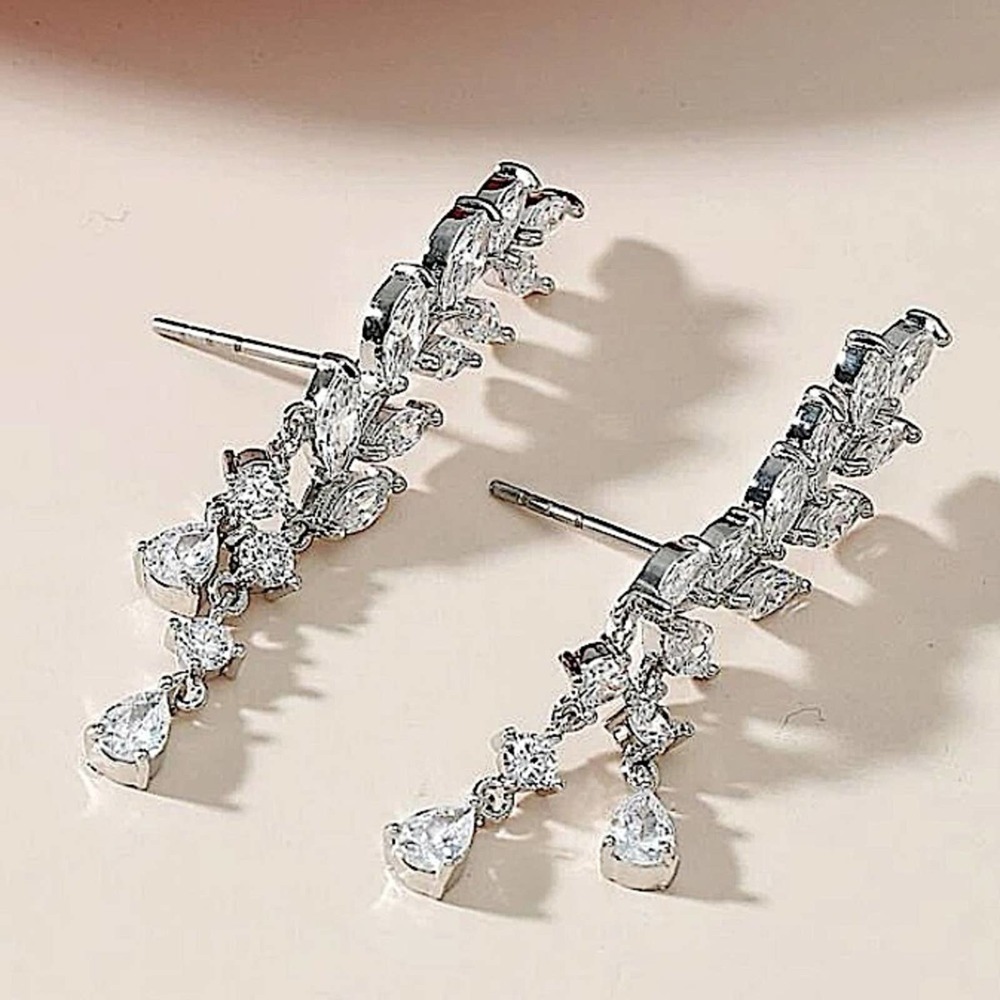 Silver Zircon Leaf Tassel Crystal Rhinestone Ear Climber Earrings - Picture 3 of 5